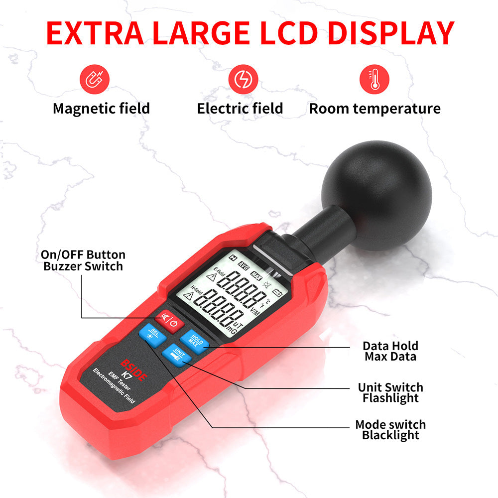 BSIDE K7 Electromagnetic Field Tester, EMF Meter, Radiation Signal Detector, 360° Auto Measurement, Sound &amp; Light Alarm, with Overdose Flashlight, LCD Screen- Red, without Battery