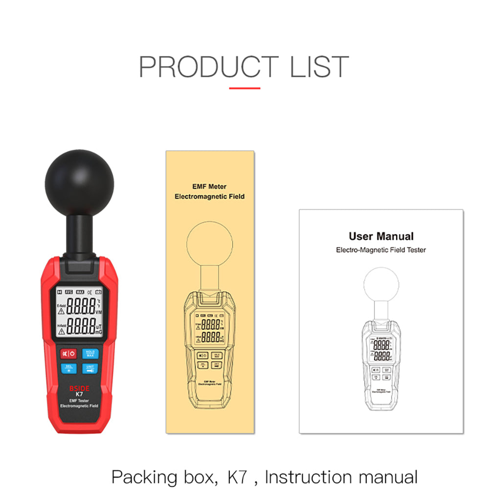 BSIDE K7 Electromagnetic Field Tester, EMF Meter, Radiation Signal Detector, 360° Auto Measurement, Sound &amp; Light Alarm, with Overdose Flashlight, LCD Screen- Red, without Battery