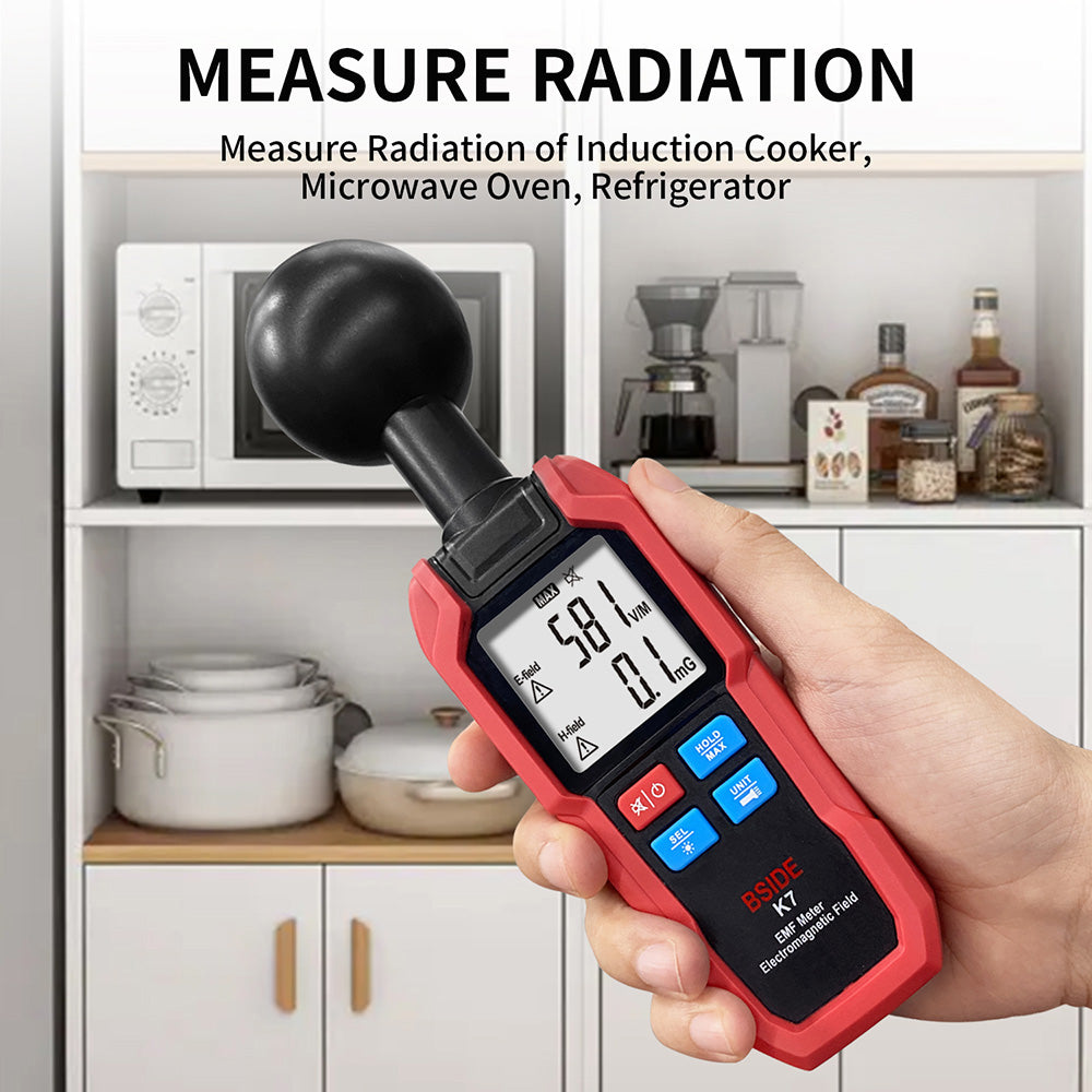 BSIDE K7 Electromagnetic Field Tester, EMF Meter, Radiation Signal Detector, 360° Auto Measurement, Sound &amp; Light Alarm, with Overdose Flashlight, LCD Screen- Red, without Battery