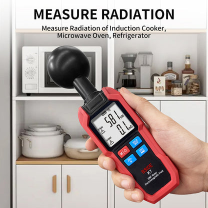 BSIDE K7 Electromagnetic Field Tester, EMF Meter, Radiation Signal Detector, 360° Auto Measurement, Sound &amp; Light Alarm, with Overdose Flashlight, LCD Screen- Red, without Battery