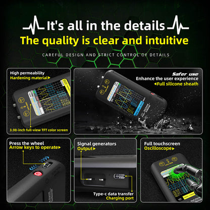 BSIDE O2 Dual Channel Oscilloscope, 50MHz Bandwidth, Real-time Sampling Rate 250MSa/s, 3.98-inch TFT LCD Display, 7 Signal Waveforms