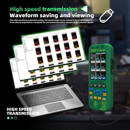 BSIDE O7 3 in 1 Oscilloscope Multimeter, Voltage/ Current/ Capacitance/ Frequency/ Resistance/ Continuity/ Diode Tester, 3.98" LCD Screen, 25Mhz Bandwidth, Dual Channel, Auto Shutdown, 6000 Count  - Green