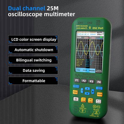 BSIDE O7 3 in 1 Oscilloscope Multimeter, Voltage/ Current/ Capacitance/ Frequency/ Resistance/ Continuity/ Diode Tester, 3.98" LCD Screen, 25Mhz Bandwidth, Dual Channel, Auto Shutdown, 6000 Count  - Green