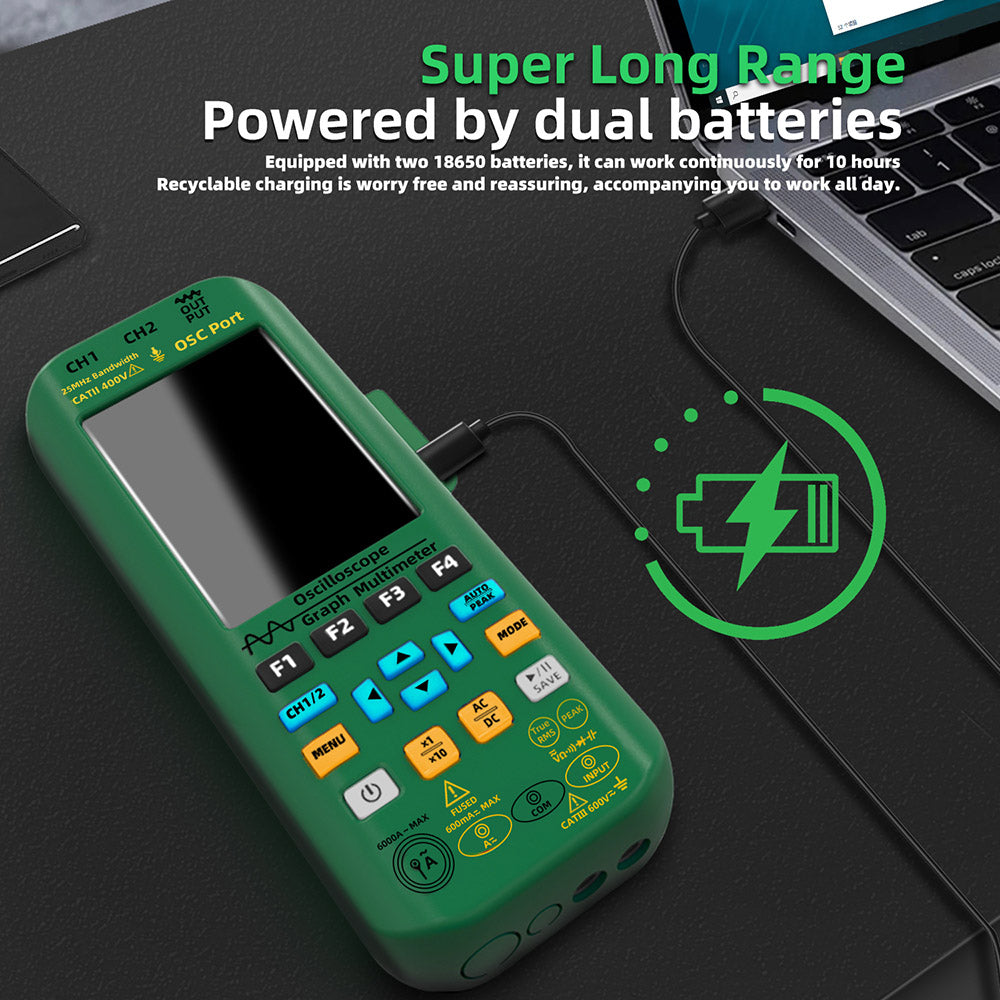 BSIDE O7 3 in 1 Oscilloscope Multimeter, Voltage/ Current/ Capacitance/ Frequency/ Resistance/ Continuity/ Diode Tester, 3.98" LCD Screen, 25Mhz Bandwidth, Dual Channel, Auto Shutdown, 6000 Count  - Green