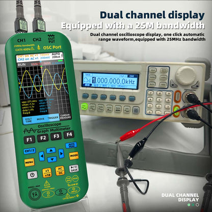 BSIDE O7 3 in 1 Oscilloscope Multimeter, Voltage/ Current/ Capacitance/ Frequency/ Resistance/ Continuity/ Diode Tester, 3.98" LCD Screen, 25Mhz Bandwidth, Dual Channel, Auto Shutdown, 6000 Count  - Green