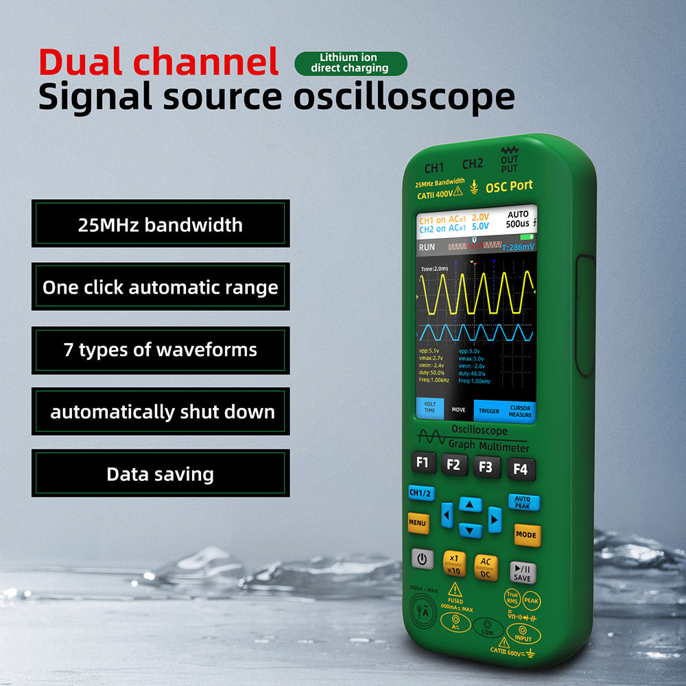 BSIDE O7 3 in 1 Oscilloscope Multimeter, Voltage/ Current/ Capacitance/ Frequency/ Resistance/ Continuity/ Diode Tester, 3.98" LCD Screen, 25Mhz Bandwidth, Dual Channel, Auto Shutdown, 6000 Count  - Green