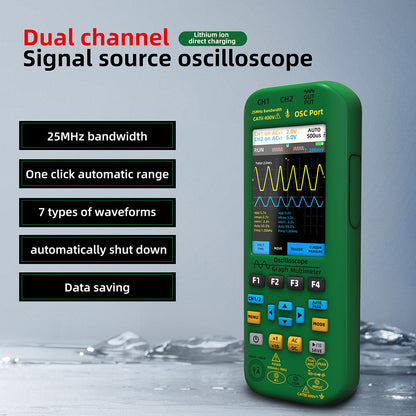 BSIDE O7 3 in 1 Oscilloscope Multimeter, Voltage/ Current/ Capacitance/ Frequency/ Resistance/ Continuity/ Diode Tester, 3.98" LCD Screen, 25Mhz Bandwidth, Dual Channel, Auto Shutdown, 6000 Count  - Green