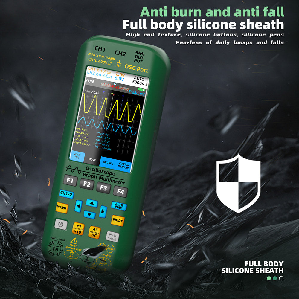 BSIDE O7 3 in 1 Oscilloscope Multimeter, Voltage/ Current/ Capacitance/ Frequency/ Resistance/ Continuity/ Diode Tester, 3.98" LCD Screen, 25Mhz Bandwidth, Dual Channel, Auto Shutdown, 6000 Count  - Green