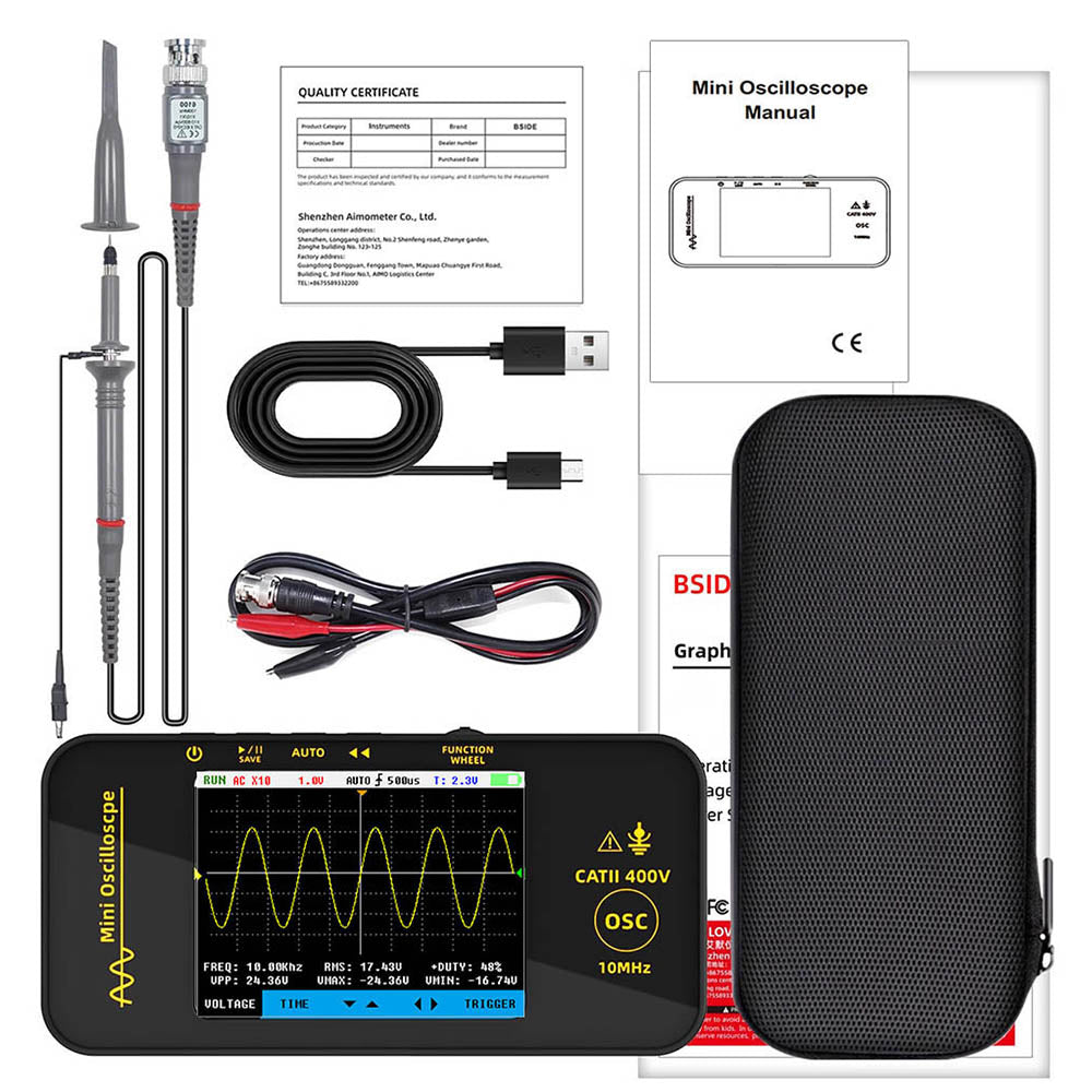 BSIDE OT3 Oscilloscope with Probe, 3.2" TFT Color Screen, 10MHz Bandwidth, Real-Time Sampling 48MSa/s, 1200mAh Battery, for Outdoor Maintenance, Automotive Repair, and Power Detection