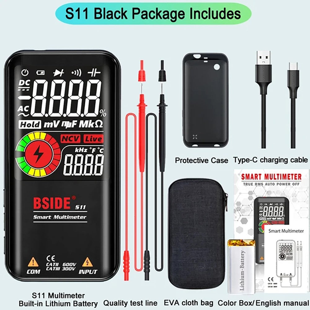 BSIDE S11 Digital Multimeter, Smart Electrician Tester, USB Charge, EBTN Color Display, T-RMS 9999 Counts, DC AC Voltage Capacitor Ohm Diode Tester, Black - with Battery