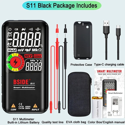 BSIDE S11 Digital Multimeter, Smart Electrician Tester, USB Charge, EBTN Color Display, T-RMS 9999 Counts, DC AC Voltage Capacitor Ohm Diode Tester, Black - with Battery