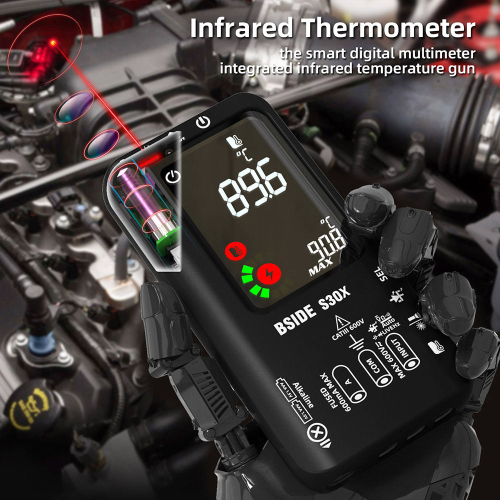 BSIDE S30 Digital Multimeter, Infrared Thermometer, True RMS 9999 Counts, DC AC Voltage Current 15V Diode Capacitor, Ohm NCV Rechargeable Tester - Black