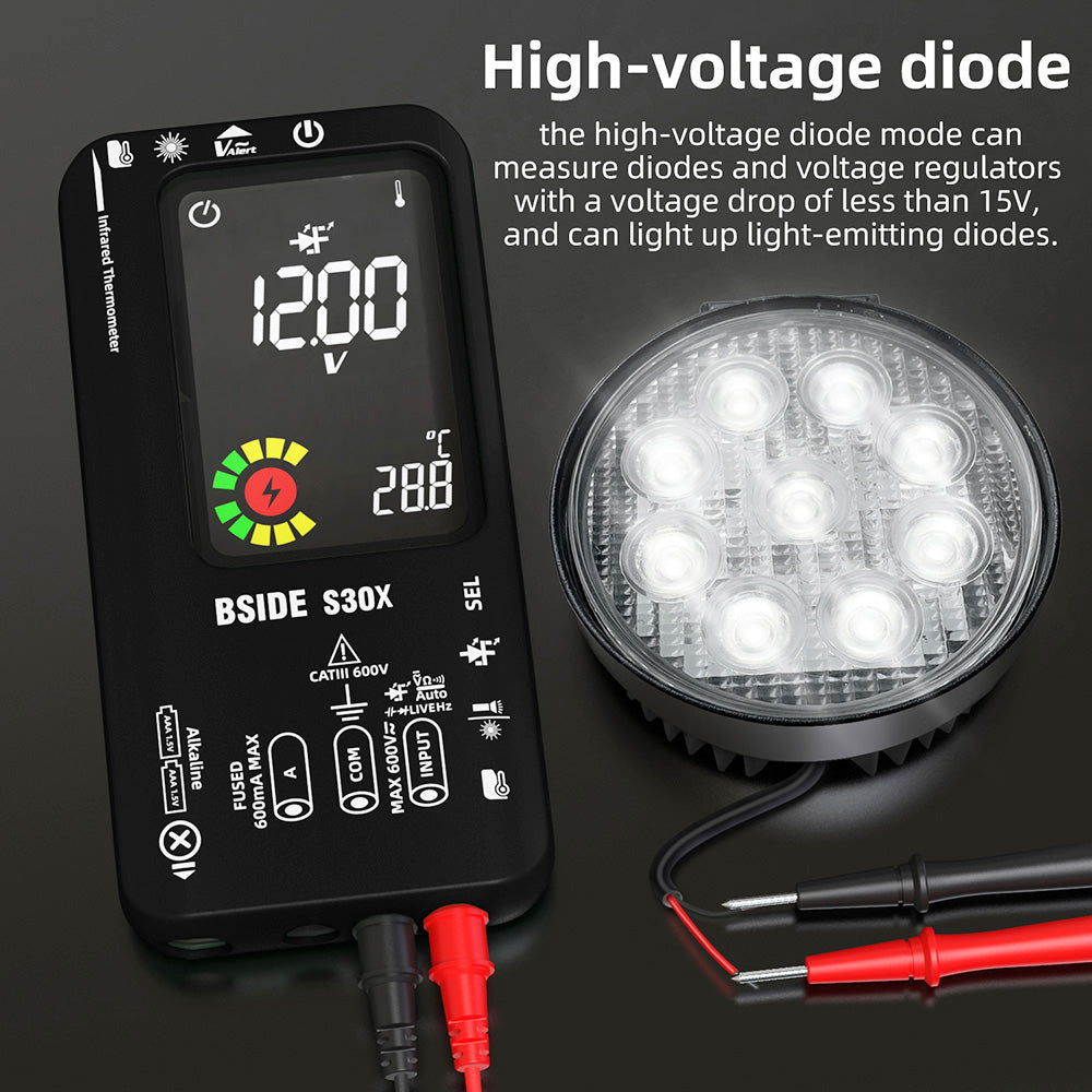 BSIDE S30 Digital Multimeter, Infrared Thermometer, True RMS 9999 Counts, DC AC Voltage Current 15V Diode Capacitor, Ohm NCV Rechargeable Tester - Black