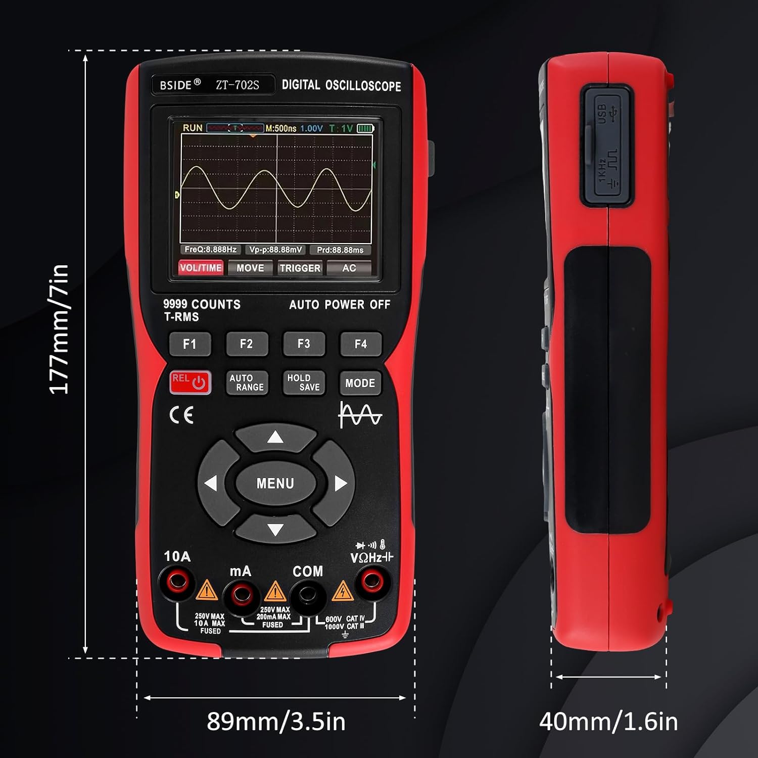 BSIDE ZT702S Digital Multimeter, Oscilloscope, Auto True RMS, Transistor Probe Meter, 48M/s 10MHz PC Waveform, 2.8inch LCD Screen