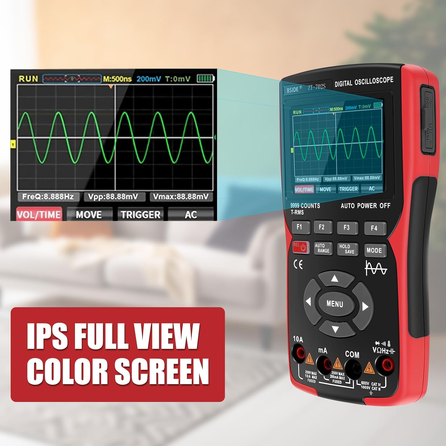 BSIDE ZT702S Digital Multimeter, Oscilloscope, Auto True RMS, Transistor Probe Meter, 48M/s 10MHz PC Waveform, 2.8inch LCD Screen