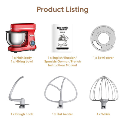 BioloMix BM602E 5L Kitchen Stand Mixer, 1200W 11-Speeds DC Motor, Digital OLED Screen, Low Noise, with Dough Hook, Flat Beater and Whisk
