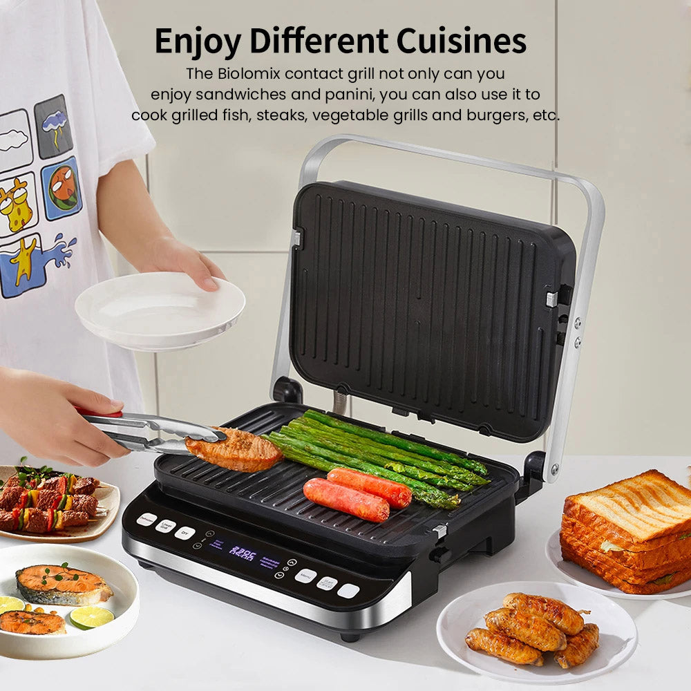 BioloMix BCG02D 2000W Electric Contact Grill, Removable/Reversible &amp; Non-stick Plates, Smokeless, LCD Display &amp; Digital Control, Opens 180 Degree