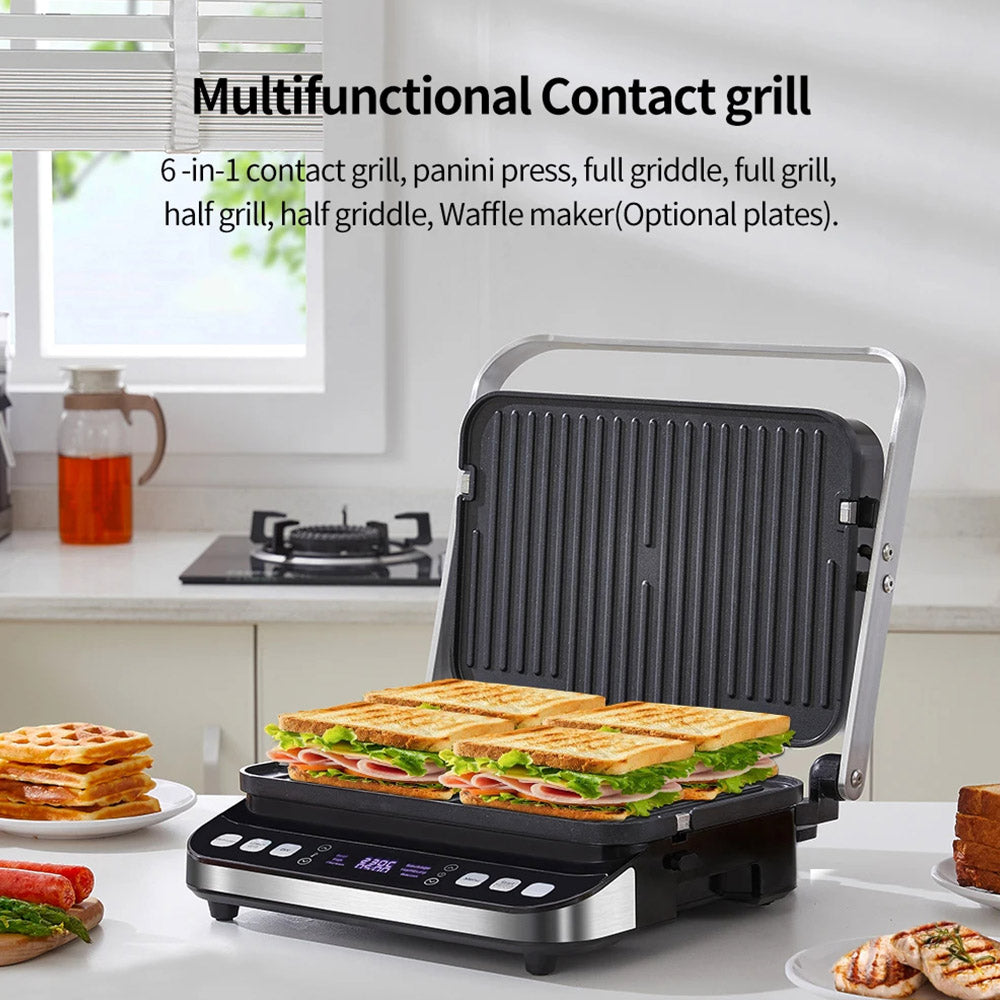 BioloMix BCG02D 2000W Electric Contact Grill, Removable/Reversible &amp; Non-stick Plates, Smokeless, LCD Display &amp; Digital Control, Opens 180 Degree