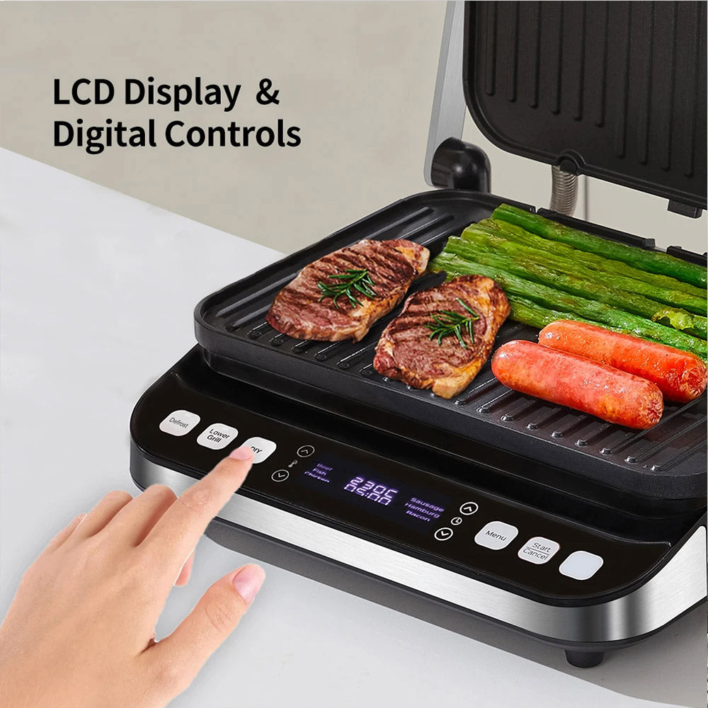 BioloMix BCG02D 2000W Electric Contact Grill, Removable/Reversible &amp; Non-stick Plates, Smokeless, LCD Display &amp; Digital Control, Opens 180 Degree