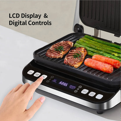 BioloMix BCG02D 2000W Electric Contact Grill, Removable/Reversible &amp; Non-stick Plates, Smokeless, LCD Display &amp; Digital Control, Opens 180 Degree