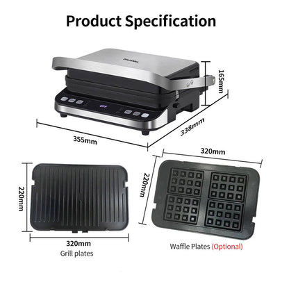BioloMix BCG02D 2000W Electric Contact Grill, Removable/Reversible &amp; Non-stick Plates, Smokeless, LCD Display &amp; Digital Control, Opens 180 Degree