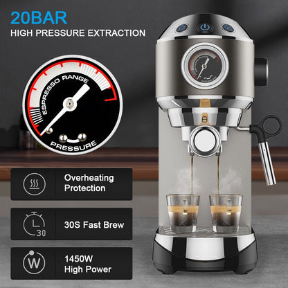 BioloMix CM7008 Semi-Automatic Espresso Coffee Maker with Milk Steam Frother Wand, 20 Bar Pressure, 1.1L Water Tank, Single/Double Cup