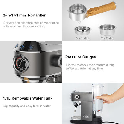 BioloMix CM7008 Semi-Automatic Espresso Coffee Maker with Milk Steam Frother Wand, 20 Bar Pressure, 1.1L Water Tank, Single/Double Cup