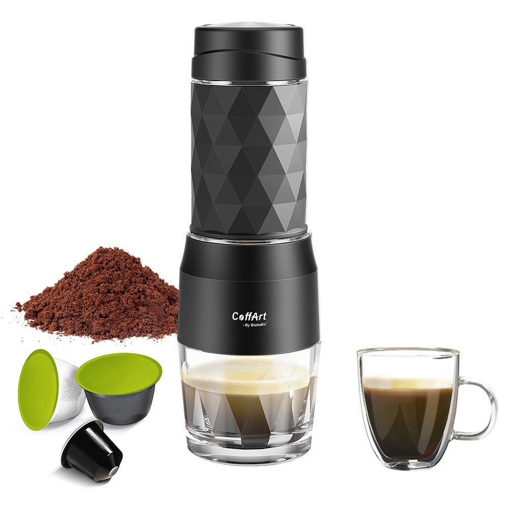 BioloMix HS8439 Portable Coffee Maker, 13-18Bar Pressure Hand Press Capsule Ground Coffee Brewer, 80ml Water Container, for Travel and Picnic - Black