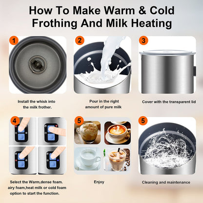 BioloMix MF600 4 in 1 500W Hot Cold Milk Frother, Coffee Frothing Foamer, Automatic Milk Warmer, Food-grade Safe, Double Stainless Steel Wall - Silver