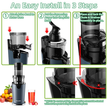 BioloMix SJ-017 Cold Press Juicer, with 78mm/3.07in Feed Chute, 200W 40-65RPM Powerful Motor, Low Noise Slow Masticating Juice Machine