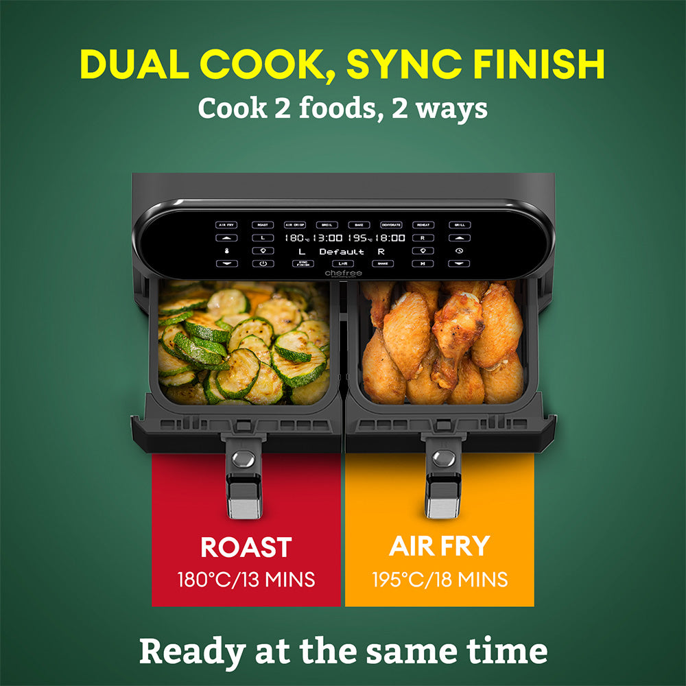 CHEFREE AFW20 Dual Air Fryer, with Viewing Window, 8L Family Sized, Nonstick, 8-in-1 Smart Programmes, Dishwasher Safe, Roast, Grill, Bake &amp; Dehydrate
