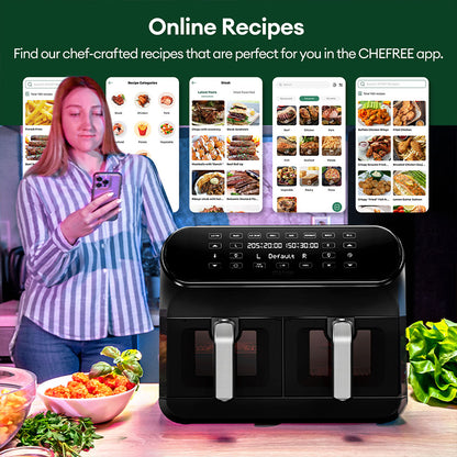 CHEFREE AFW20 Dual Air Fryer, with Viewing Window, 8L Family Sized, Nonstick, 8-in-1 Smart Programmes, Dishwasher Safe, Roast, Grill, Bake &amp; Dehydrate