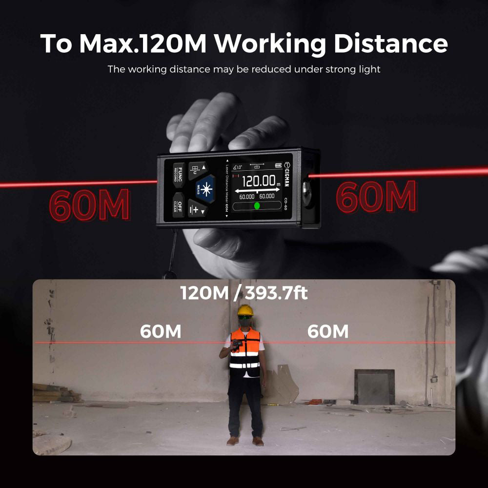 CIGMAN CD-60 Bilateral Laser Distance Meter, 393ft/120M Bilateral Measurement, with M/in/Ft Multiple Units