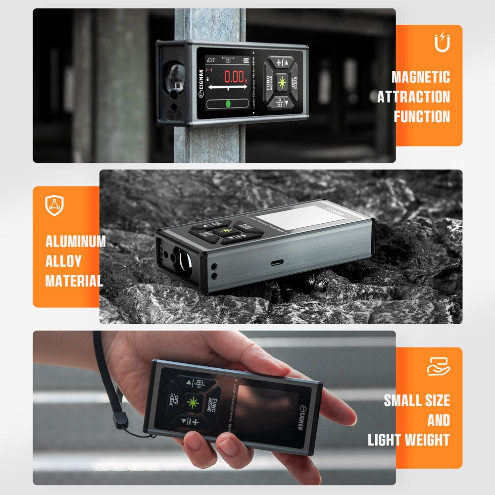 CIGMAN CD-60G 393ft/120M Bilateral Green Laser Measure, with Ft/in/M Multiple Units, Rechargeable 850mAh Battery