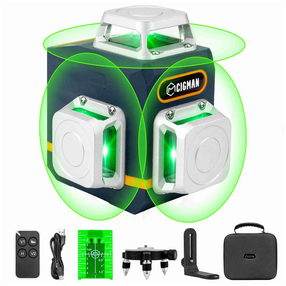 CIGMAN CM-701 3x360° Self Leveling Laser Level, 100ft 3D Green Cross Line, Rechargeable Battery, Remote Control