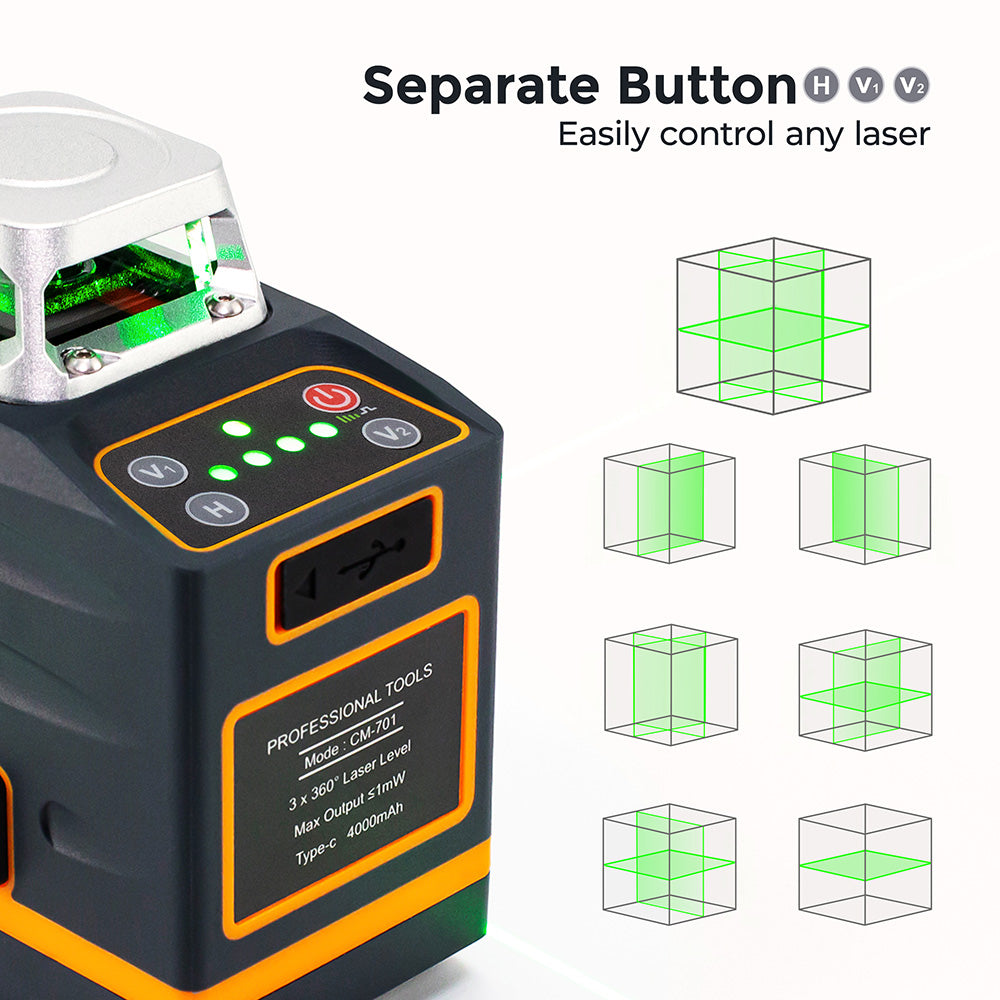CIGMAN CM-701 3x360° Self Leveling Laser Level, 100ft 3D Green Cross Line, Rechargeable Battery, Remote Control