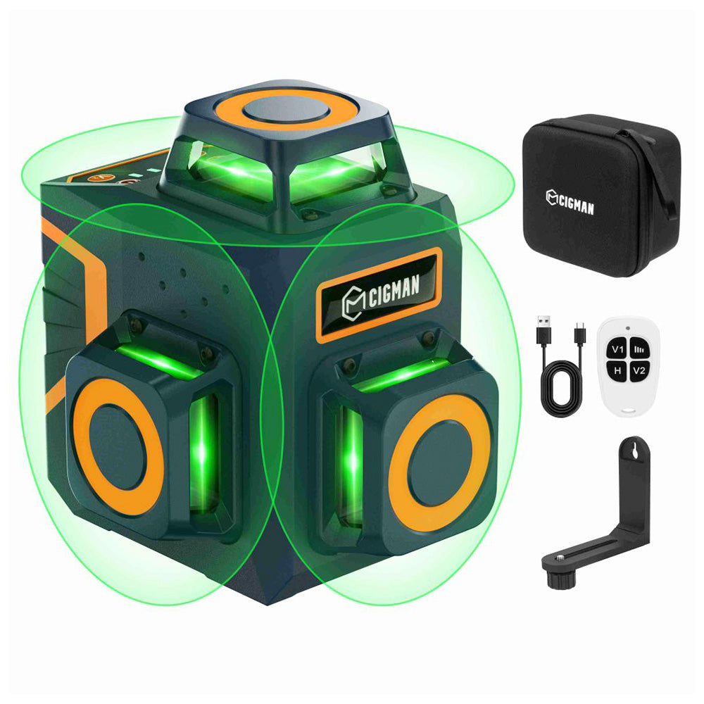CIGMAN CM-701SE 3x360° 12 Lines Laser Level, Self Leveling, 3D Green Cross Line, with Remote Controller and Magnetic L-Shaped Bracket, Up to 50m Working Distance, IP54 Water &amp; Dust Proof