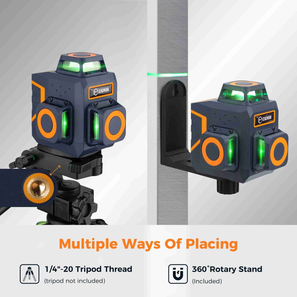 CIGMAN CM-701SE 3x360° 12 Lines Laser Level, Self Leveling, 3D Green Cross Line, with Remote Controller and Magnetic L-Shaped Bracket, Up to 50m Working Distance, IP54 Water &amp; Dust Proof
