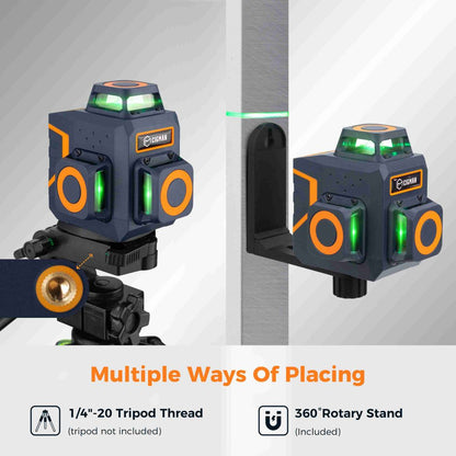 CIGMAN CM-701SE 3x360° 12 Lines Laser Level, Self Leveling, 3D Green Cross Line, with Remote Controller and Magnetic L-Shaped Bracket, Up to 50m Working Distance, IP54 Water &amp; Dust Proof