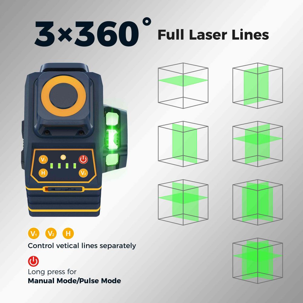 CIGMAN CM-701SE 3x360° 12 Lines Laser Level, Self Leveling, 3D Green Cross Line, with Remote Controller and Magnetic L-Shaped Bracket, Up to 50m Working Distance, IP54 Water &amp; Dust Proof