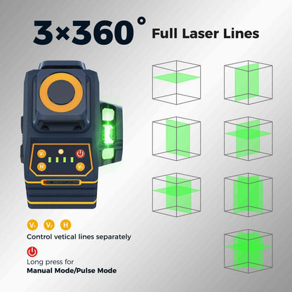 CIGMAN CM-701SE 3x360° 12 Lines Laser Level, Self Leveling, 3D Green Cross Line, with Remote Controller and Magnetic L-Shaped Bracket, Up to 50m Working Distance, IP54 Water &amp; Dust Proof