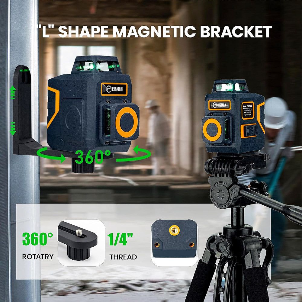 CIGMAN CM-720SE 2x360° 8 Lines Laser Level, Green Cross Line, Self Leveling, IP54 Drip &amp; Dust Proof, with Type-C Rechargeable, Magnetic L-Shaped Base