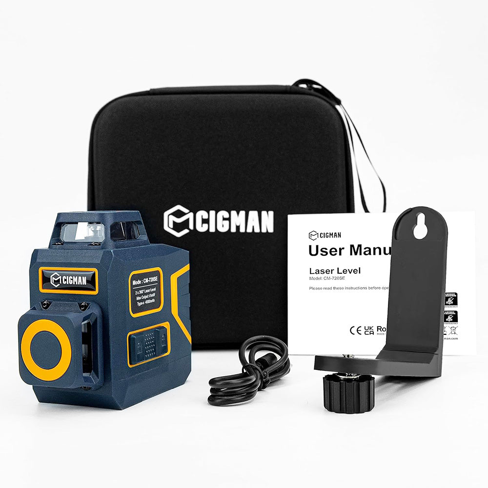CIGMAN CM-720SE 2x360° 8 Lines Laser Level, Green Cross Line, Self Leveling, IP54 Drip &amp; Dust Proof, with Type-C Rechargeable, Magnetic L-Shaped Base