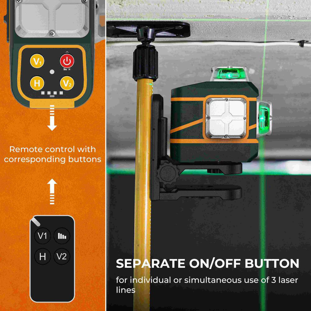 CIGMAN CM-801 3x360° Self Leveling Laser Level, 3D Green Cross Line, IP54, with Dual Rechargeable Batteries, Remote Controller and Magnetic L-Shaped Bracket