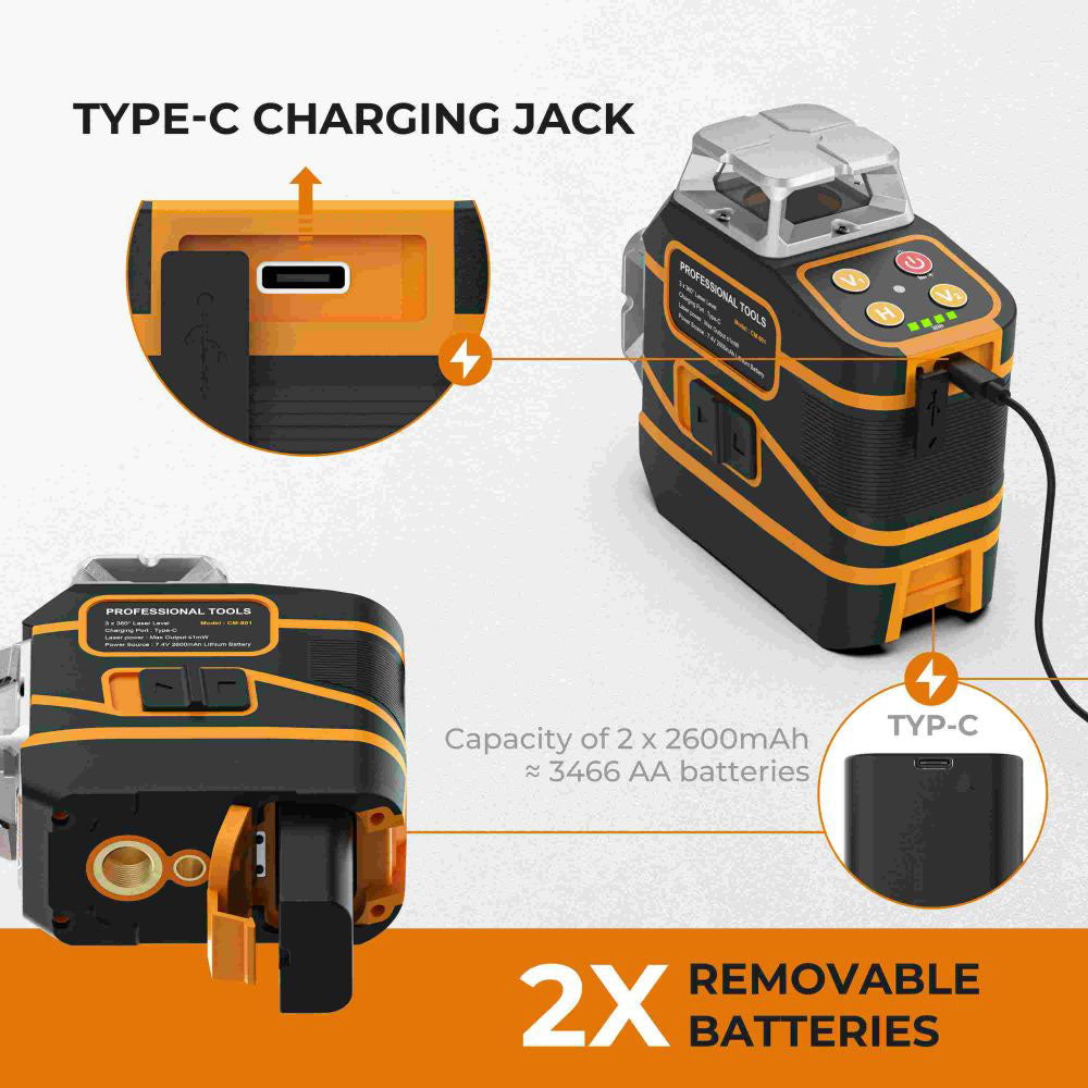 CIGMAN CM-801 3x360° Self Leveling Laser Level, 3D Green Cross Line, IP54, with Dual Rechargeable Batteries, Remote Controller and Magnetic L-Shaped Bracket