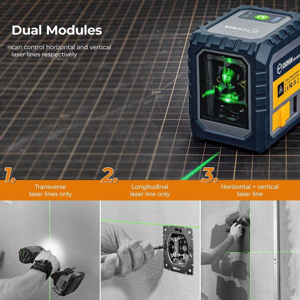 CIGMAN CM-G02 2 Lines Laser Level, Self-Leveling, Rechargeable 1000mAh Li-ion Battery