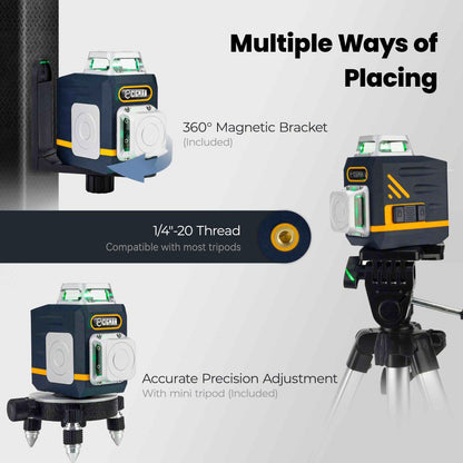 CIGMAN CM720 2 x 360° 8 Line Laser Level, Green Cross Line, Self Leveling, with Remote Controller, Type-C Rechargeable, Magnetic Rotating Stand, IP45 Water &amp; Dust Proof, 100ft Working Range