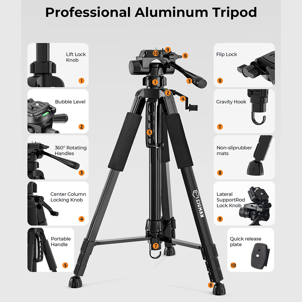 CIGMAN CTP01 1.5m/59inch Laser Level Tripod, with 3-Way Swivel Pan Head and Phone Holder, Quick Release Plate with 1/4" Screw Mount &amp; 5/8" UNF Adapter Nut