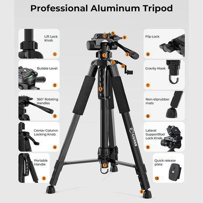 CIGMAN CTP01 1.5m/59inch Laser Level Tripod, with 3-Way Swivel Pan Head and Phone Holder, Quick Release Plate with 1/4" Screw Mount &amp; 5/8" UNF Adapter Nut