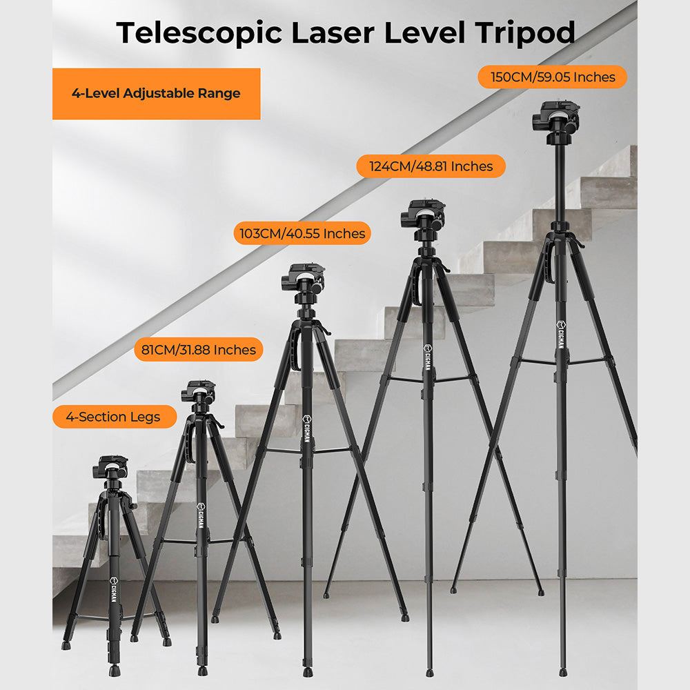 CIGMAN CTP01 1.5m/59inch Laser Level Tripod, with 3-Way Swivel Pan Head and Phone Holder, Quick Release Plate with 1/4" Screw Mount &amp; 5/8" UNF Adapter Nut